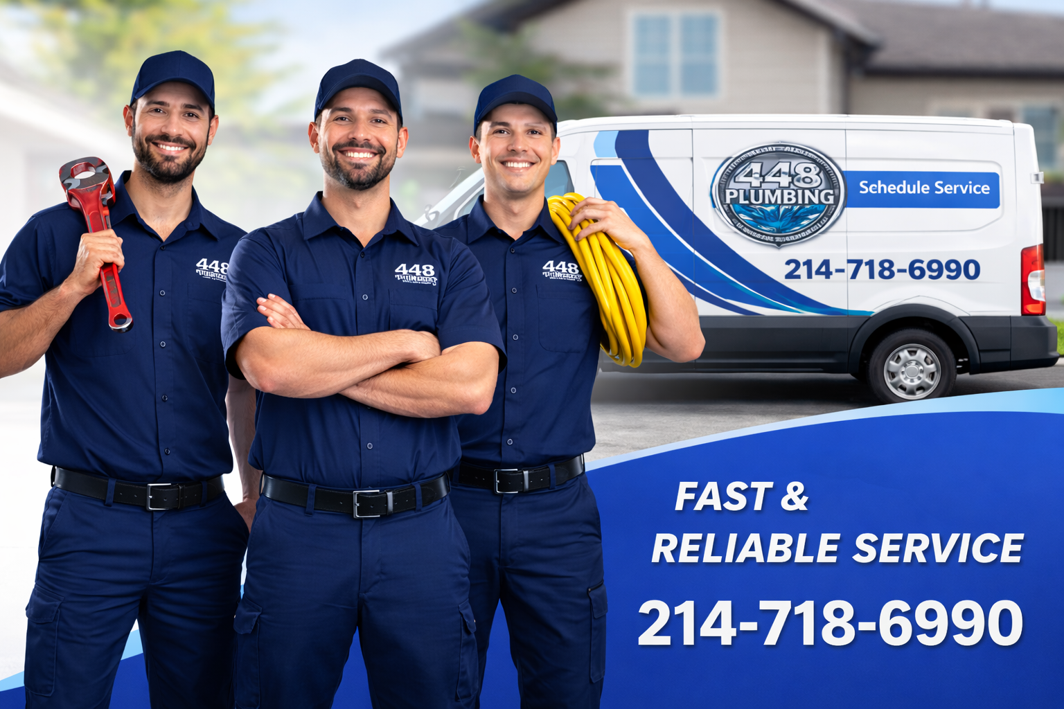 448 Plumbing team standing in front of service van